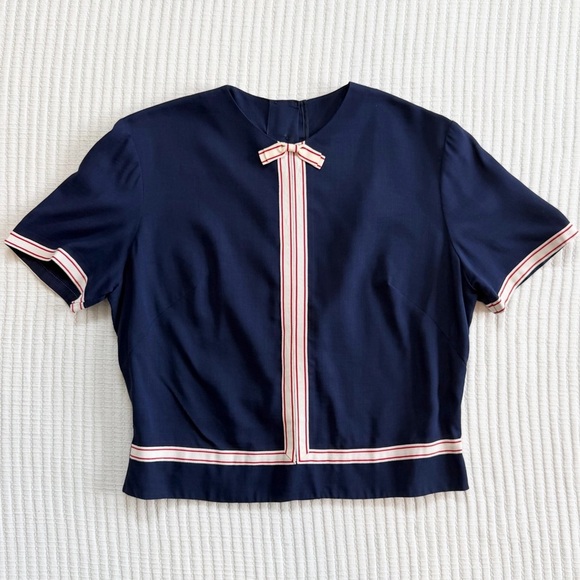 Vintage Tops - Vintage Sailor Style Navy Short-Sleeve Top with Red Ribbon Trim and Neck Bow USA